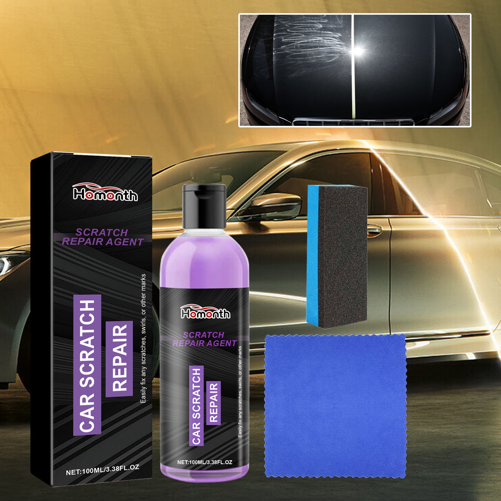 Qaailabf Car Scratch Remover Kit Professional Auto Paint Restoration 100ml with Buffer Pad for Light Scratches Swirl Marks Water Spots Oxidation Hand Polish Compound Set with Sponge and Microfiber